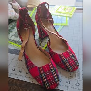 J. Crew Tartan Plaid Holiday Block Heels With Ankle Strap